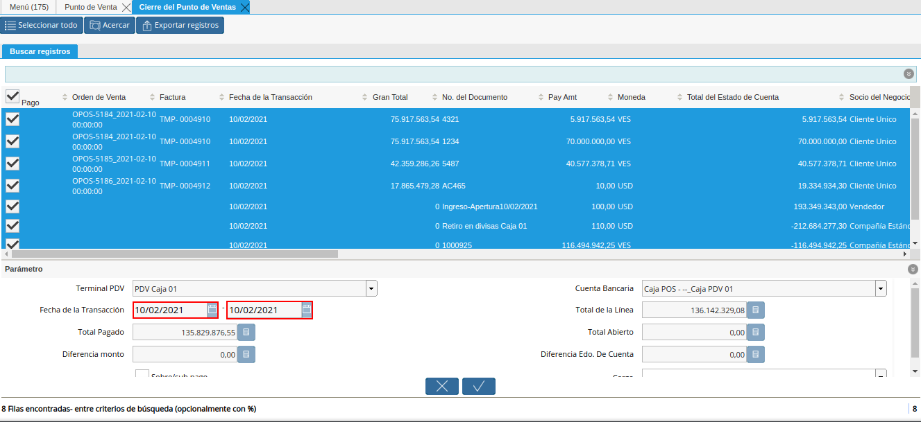 Campo Fecha de la Transacción de la Ventana Cierre de Caja del Punto de Venta