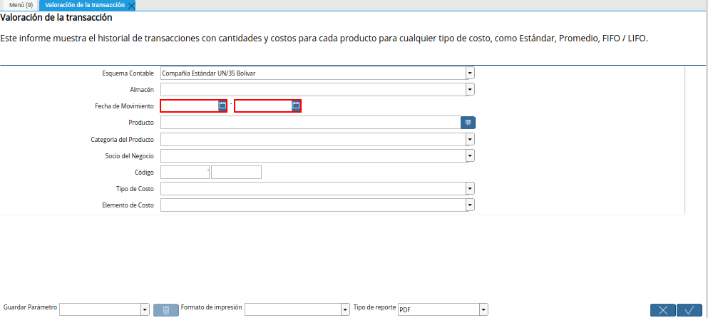 Campo Fecha de Movimiento de la Ventana Valoración de la Transacción