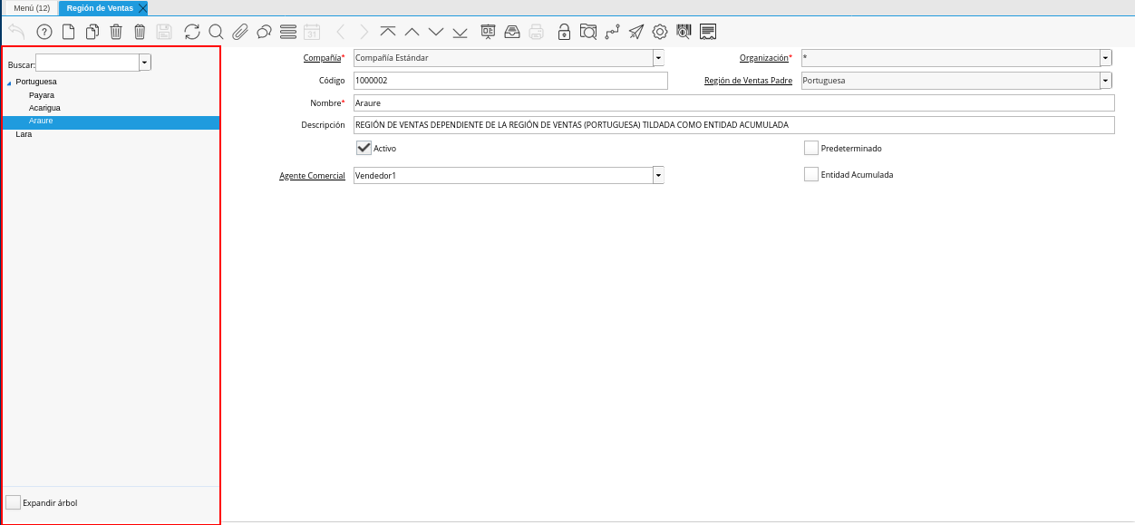 Árbol de Regiones de Ventas de la Ventana Región de Ventas