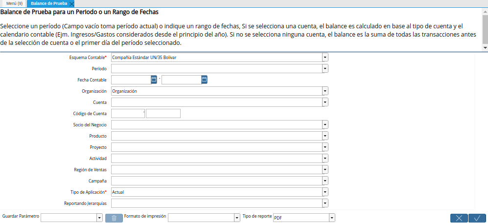Ventana Reporte Balance de Prueba