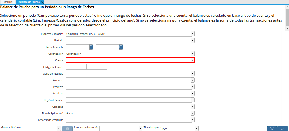 Campo Cuenta de la Ventana Balance de Prueba