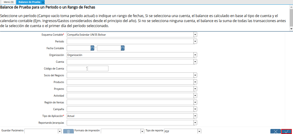Opción Ok de la Ventana Balance de Prueba