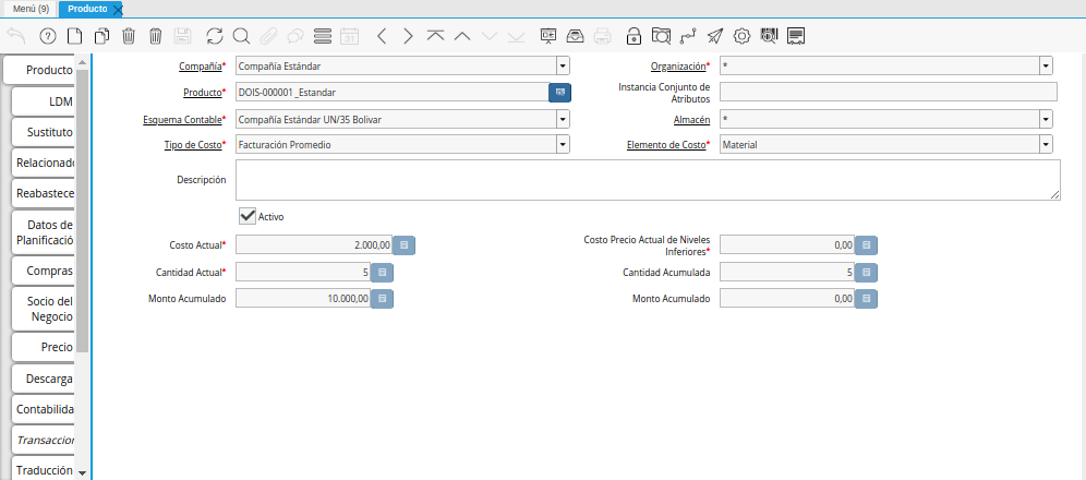 Tipo de Costo Facturación Promedio
