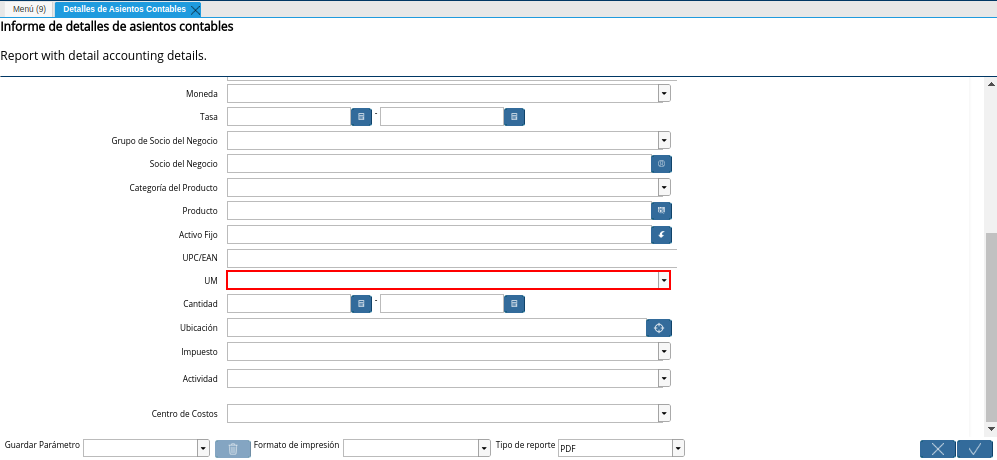 Campo UM de la Ventana Detalles de Asientos Contables