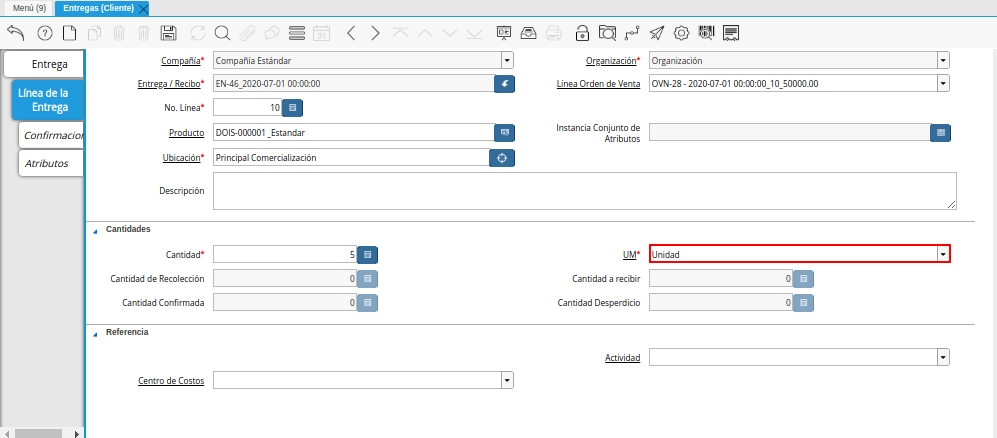 Campo UM de la Pestaña Línea de la Entrega de la Ventana Entregas Cliente