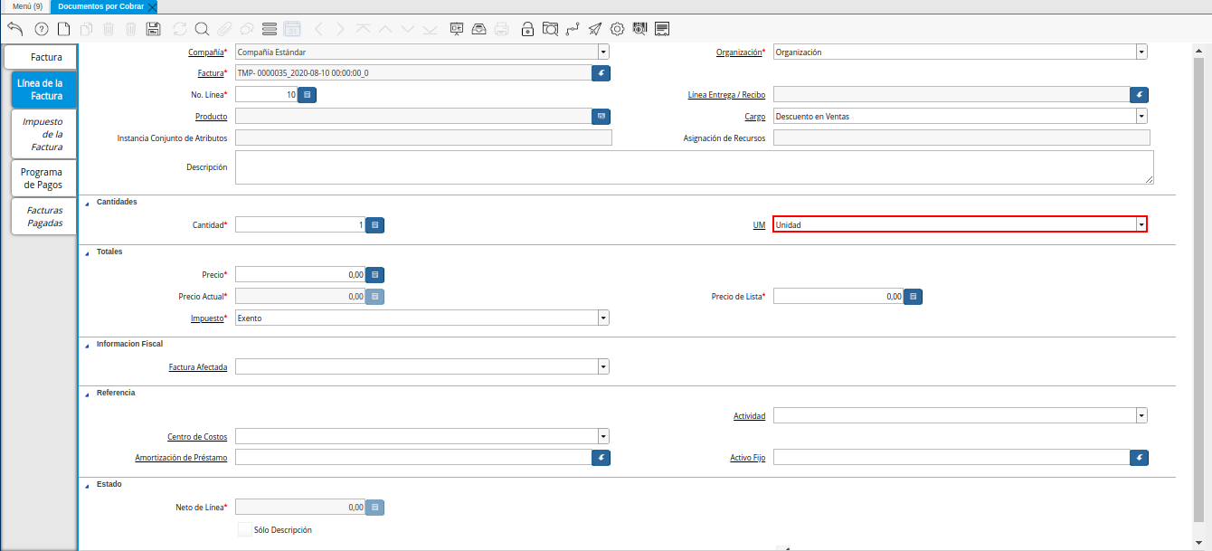 Campo UM de la Nota de Crédito de CxC