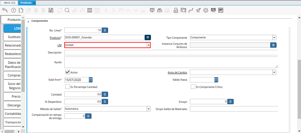 Campo UM de la Pestaña ldm del Producto Estándar para Producción