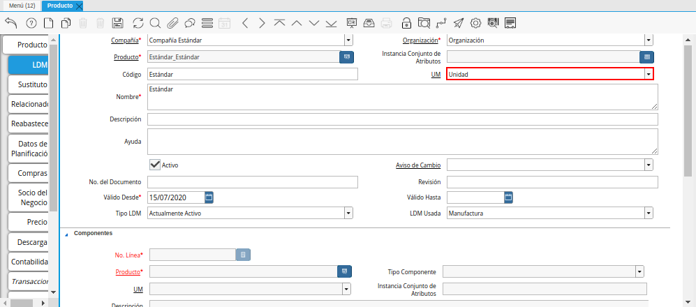 Campo UM del Producto de la Pestaña LDM