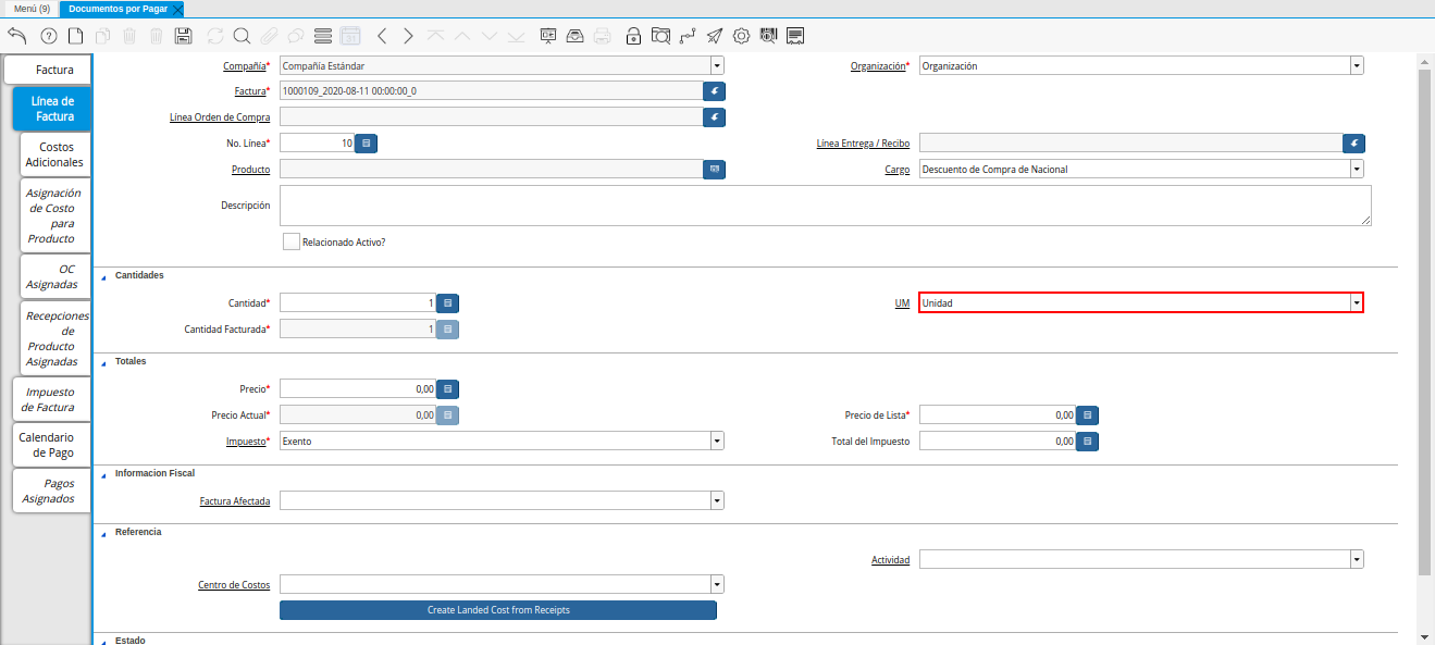 Campo UM de la Pestaña Línea de la Factura de la Nota de Crédito de CxP