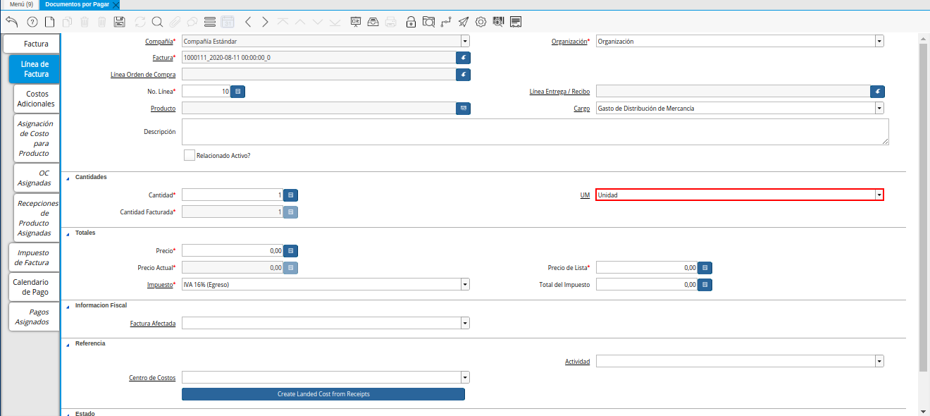 Campo UM de la Pestaña Línea de la Factura de la Nota de débito de CxP