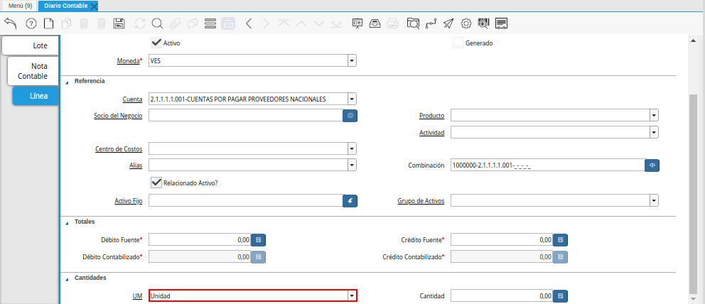 Campo UM de la Pestaña Línea de la Ventana Diario Contable