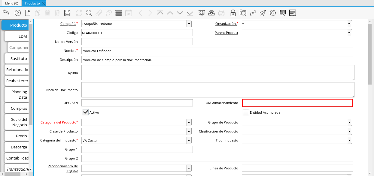 Campo UM Almacenamiento