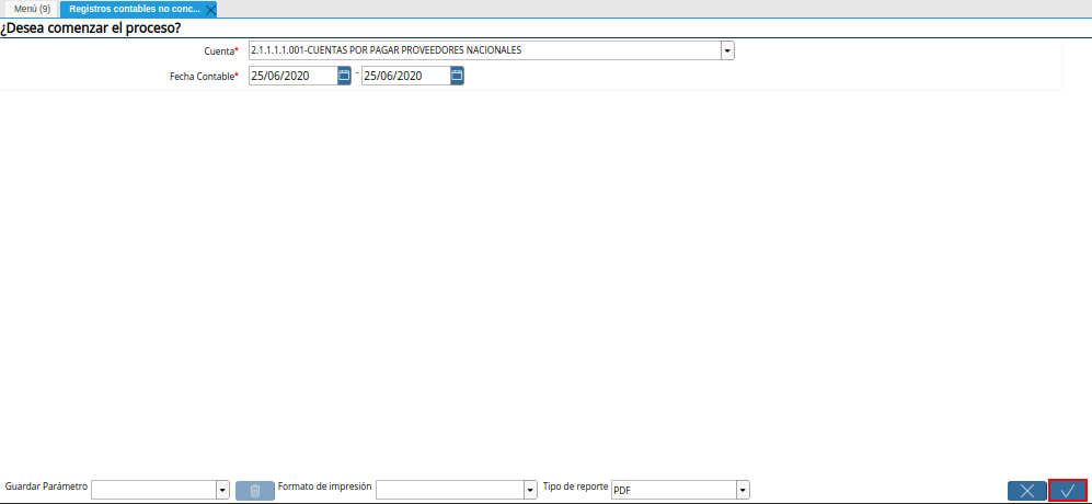 Opción OK de la Ventana Registros Contables No Conciliados