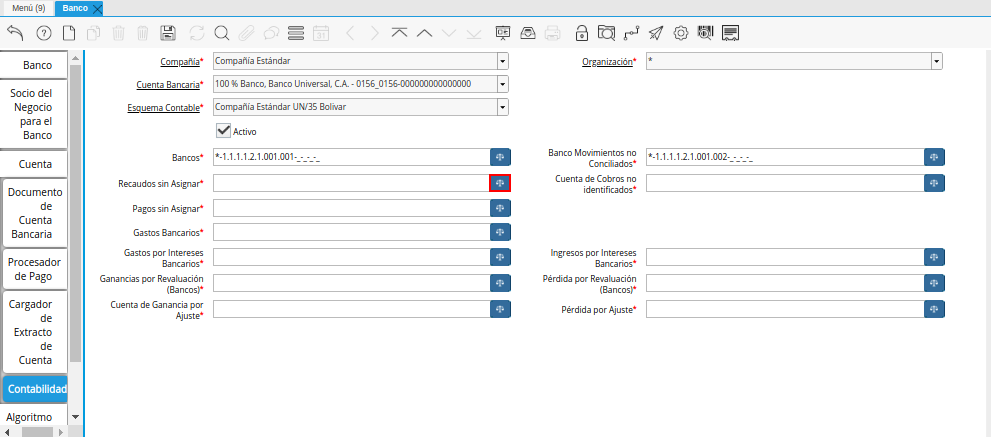 Campo Recaudos sin Asignar de la Pestaña Contabilidad de la Ventana Banco