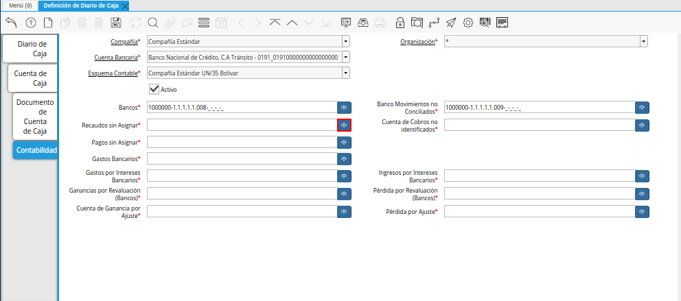 Campo Recaudos sin Asignar de la Pestaña Contabilidad de la Ventana Definición de Diario de Caja