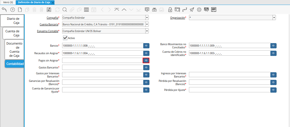 Campo Pagos sin Asignar de la Pestaña Contabilidad de la Ventana Definición de Diario de Caja