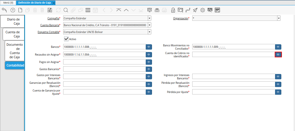Campo Cuenta de Cobros no identificados de la Pestaña Contabilidad de la Ventana Definición de Diario de Caja