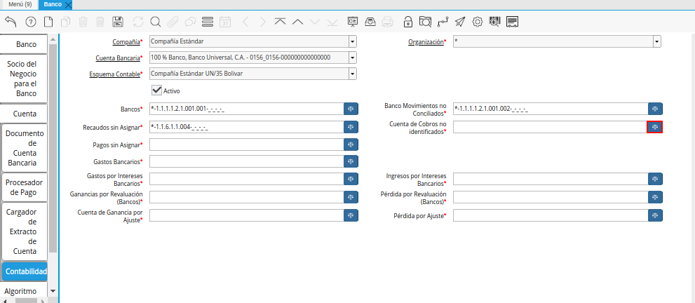 Campo Cuenta de Cobros no identificados de la Pestaña Contabilidad de la Ventana Banco
