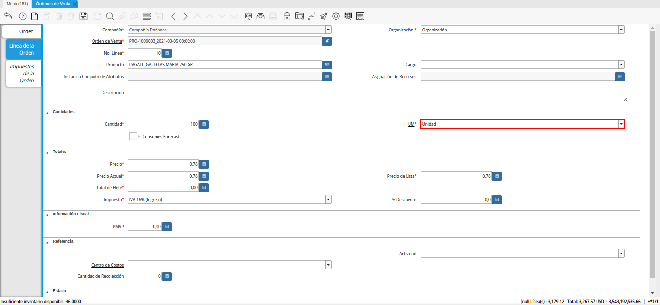 campo unidad de medida de la pestaña línea de la orden de la ventana órdenes de venta