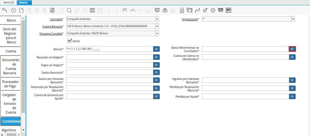 Campo Banco Movimientos no Conciliados de la Pestaña Contabilidad de la Ventana Banco