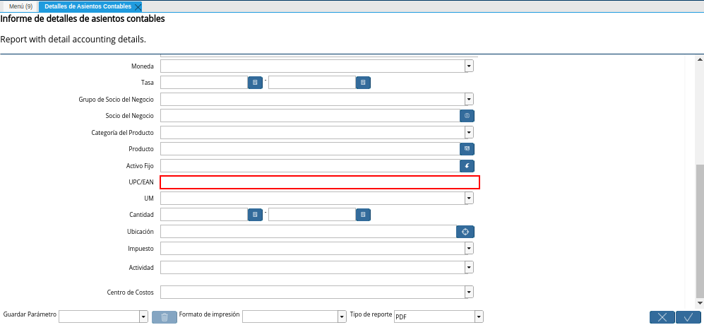 Campo UP/EAN de la Ventana Detalles de Asientos Contables