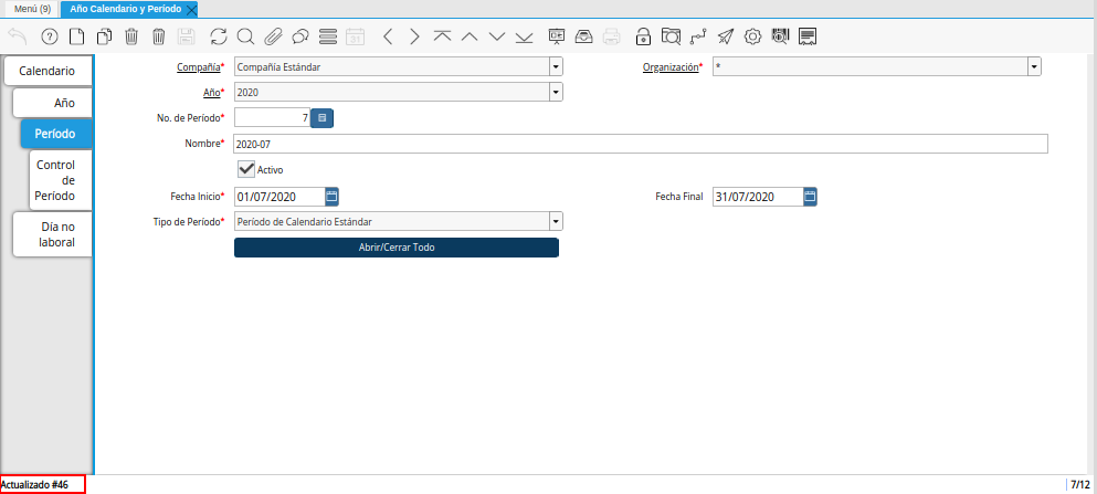 Mensaje de Actualización de la Pestaña Período de la Ventana Año Calendario Período