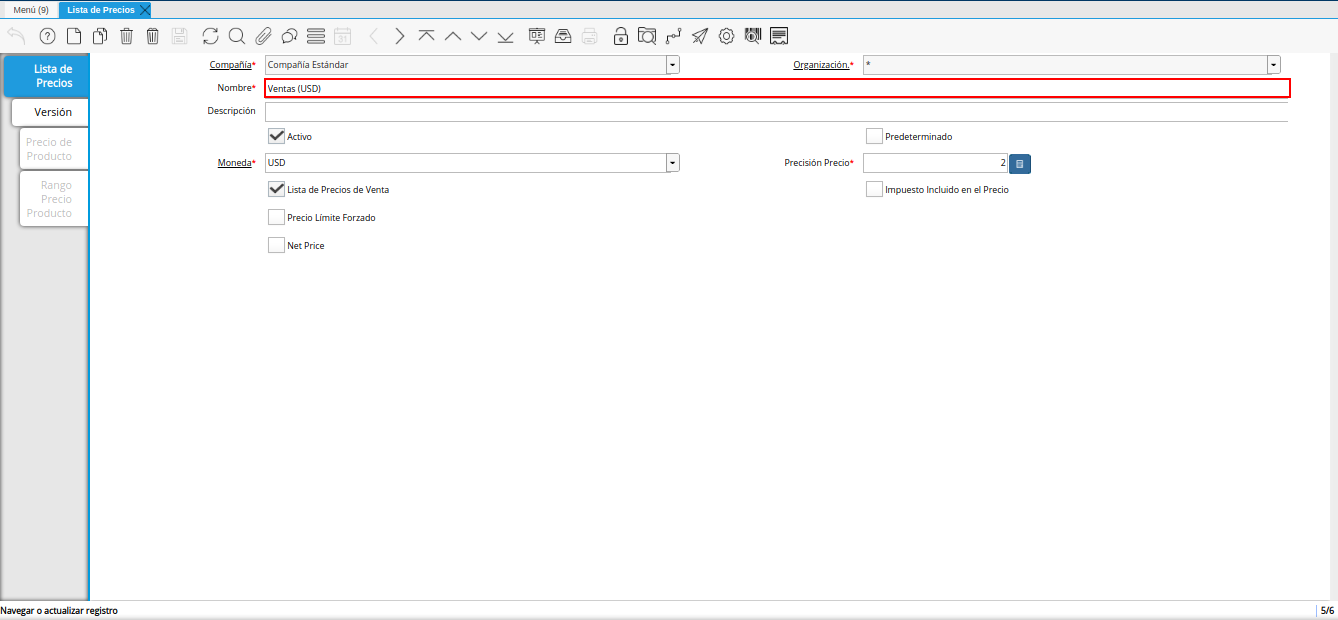 registro de ventas usd para lista de precios base