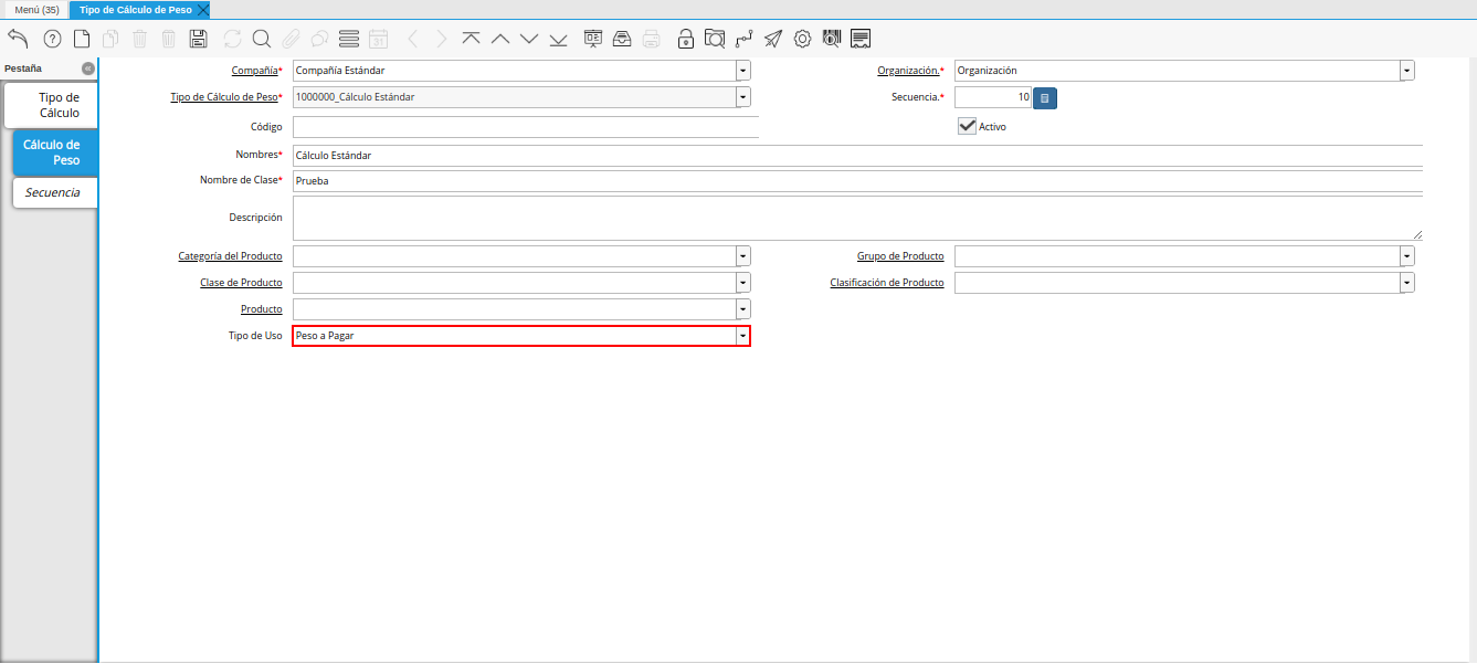 campo tipo de uso de la pestaña cálculo de peso de la ventana tipo de cálculo de peso
