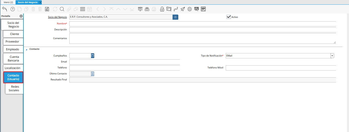 pestaña contacto usuario de la ventana socio del negocio