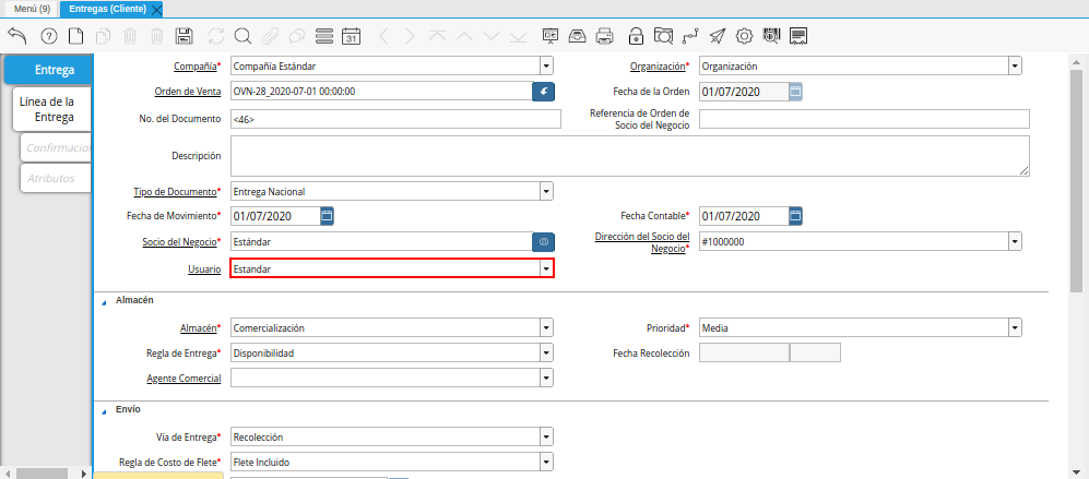 Campo Usuario de la Ventana Entregas Cliente