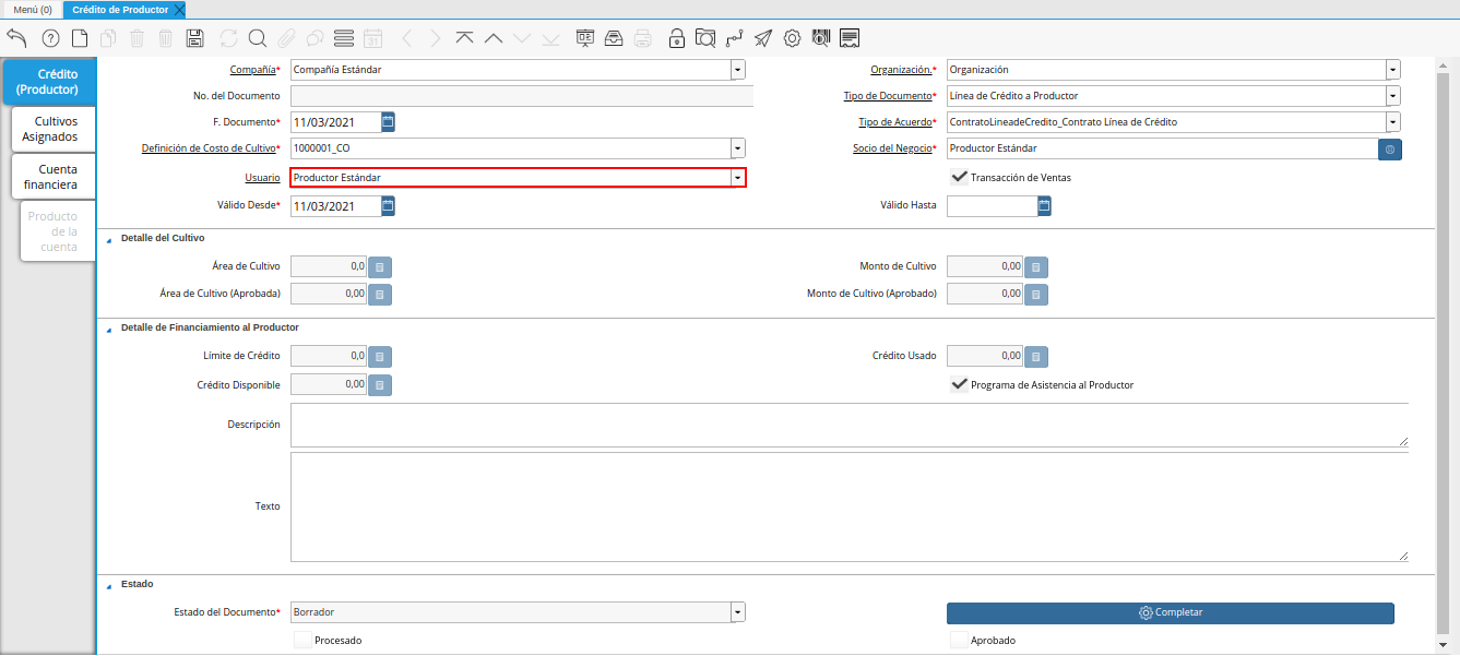 campo usuario de la ventana crédito del productor
