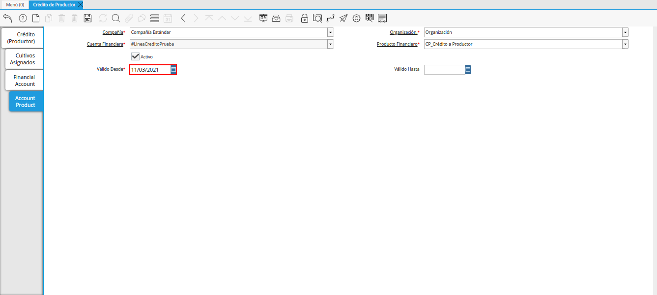 campo válido desde de la pestaña producto de la cuenta de la ventana crédito del productor