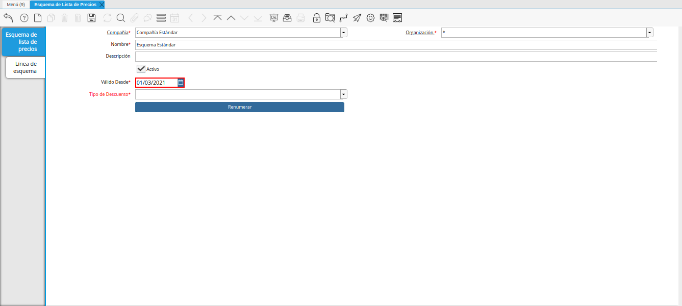campo valido desde de la ventana esquema de lista de precios