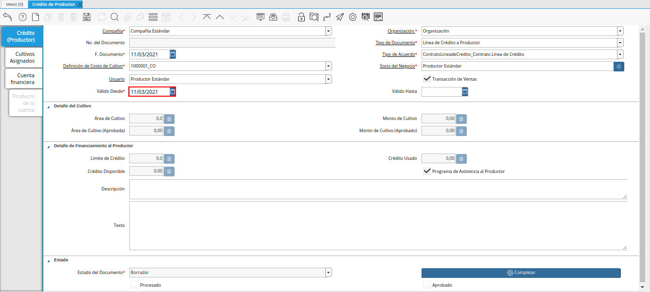 campo válido desde de la ventana crédito del productor