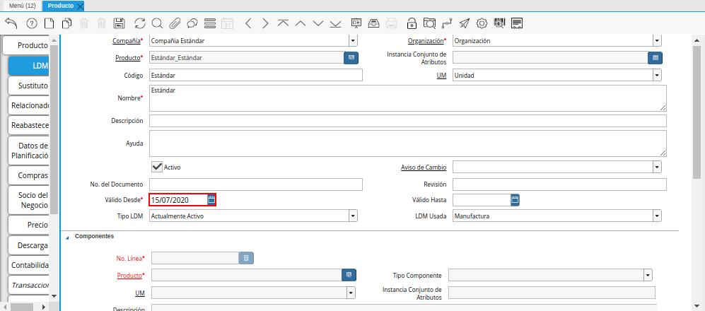 Campo Válido Desde del Producto de la Pestaña LDM