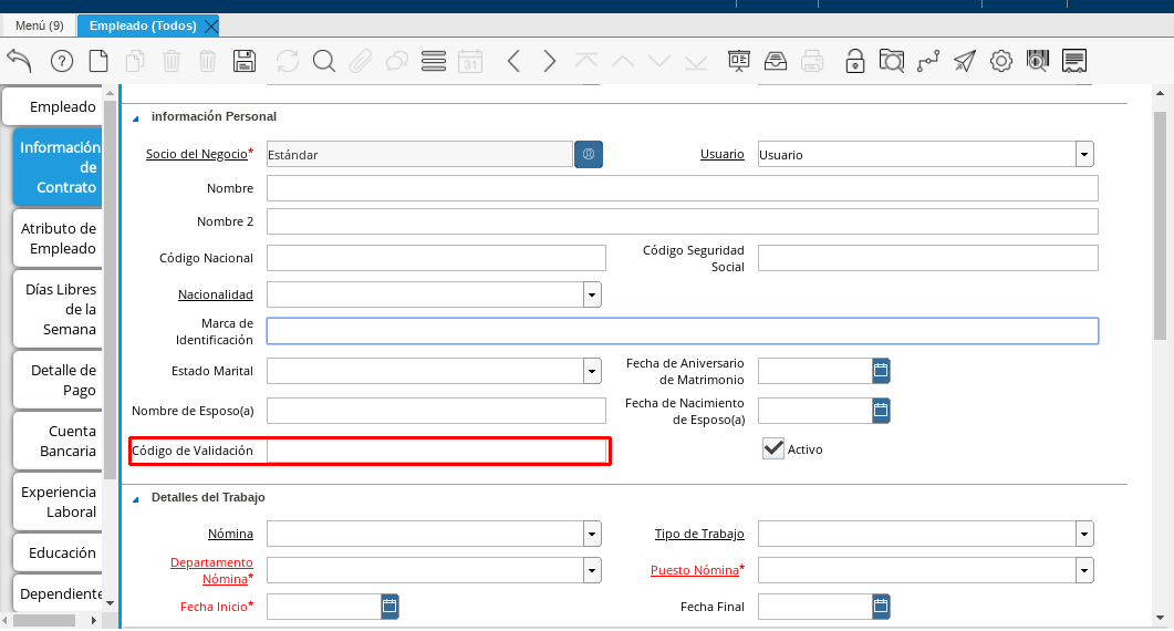 Campo Código de Validación