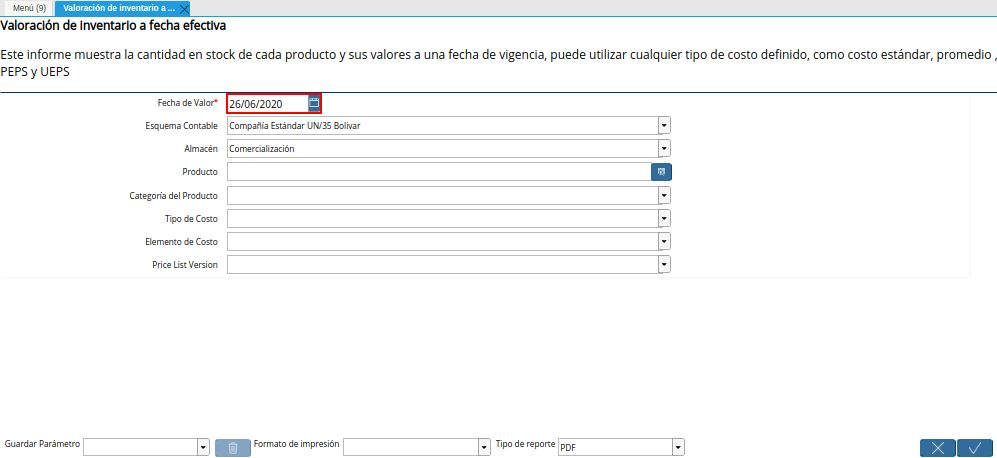 Campo Fecha de Valor de la Ventana Valoración de Inventario a Fecha Efectiva