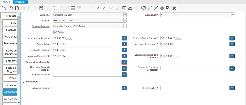 Campo Varianza Costo Promedio