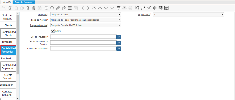 Pestaña Contabilidad Proveedor de la Ventana Socio del Negocio
