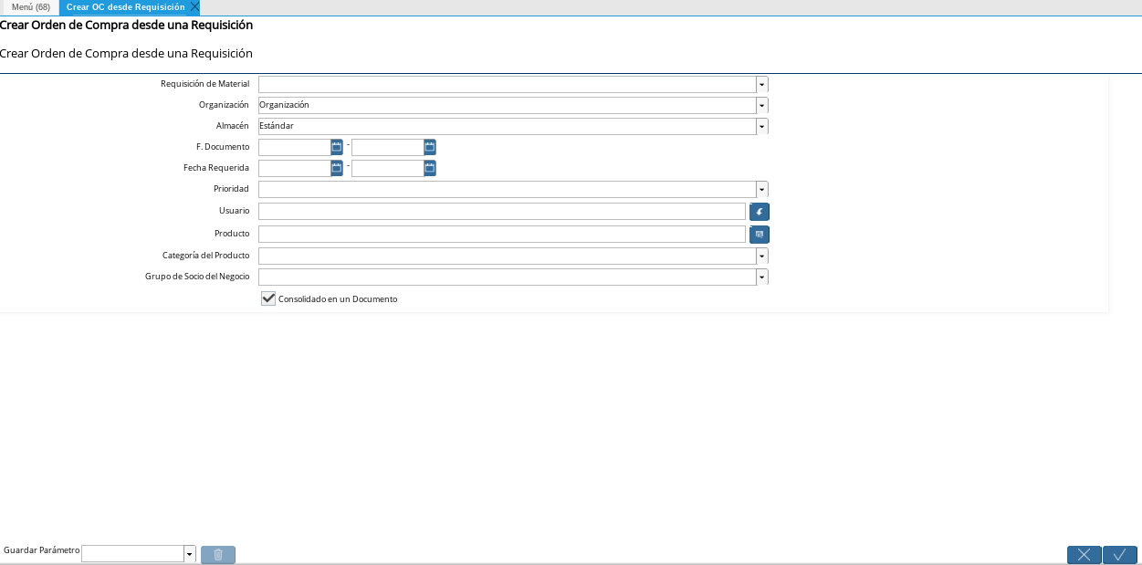 Ventana del Proceso Crear OC desde Requisición