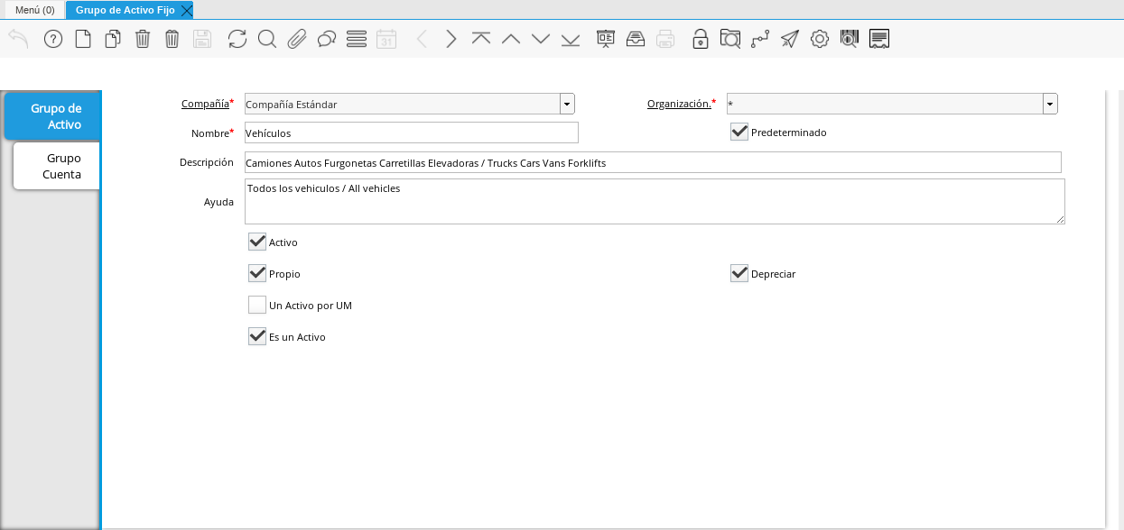 Ventana Principal Grupo de Activo