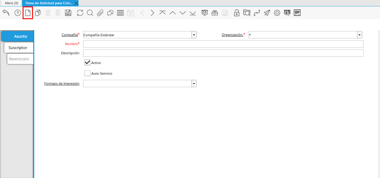 Ventana Tema de Solicitud para Cotizar