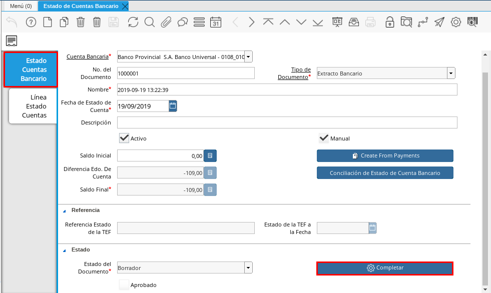Pestaña Principal Estado Cuentas Bancario
