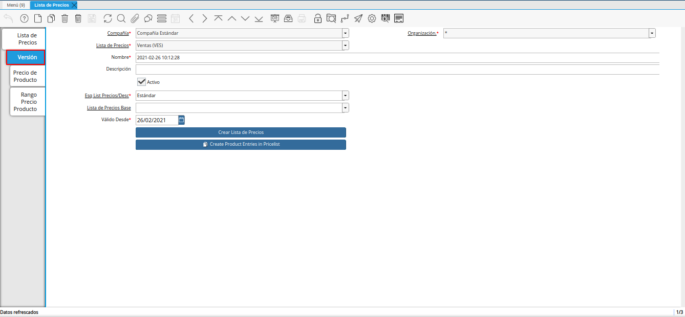 pestaña versión para lista de precios desde otra