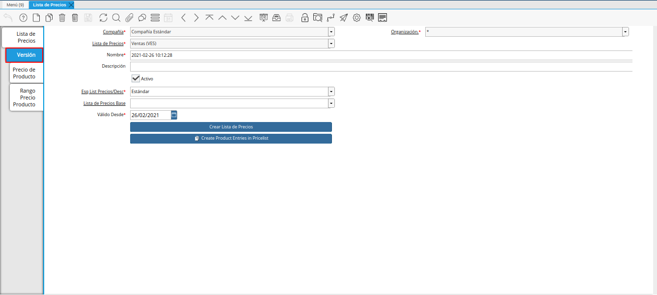 pestaña versión para lista de precios desde última oc procesada
