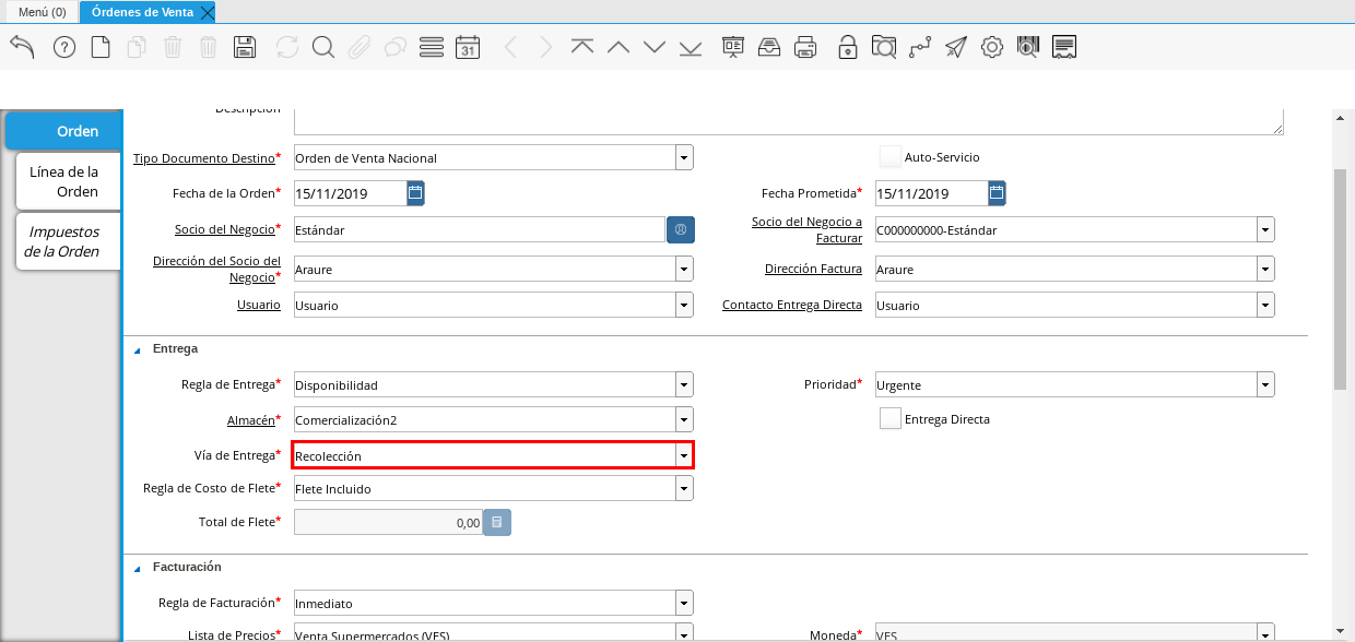 Campo Vía de Entrega