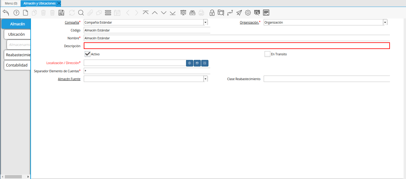 campo descripción de la ventana almacén y ubicaciones