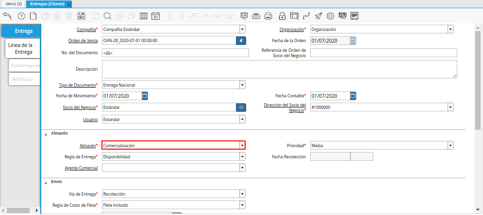 Campo Almacén de la Ventana Entregas Cliente