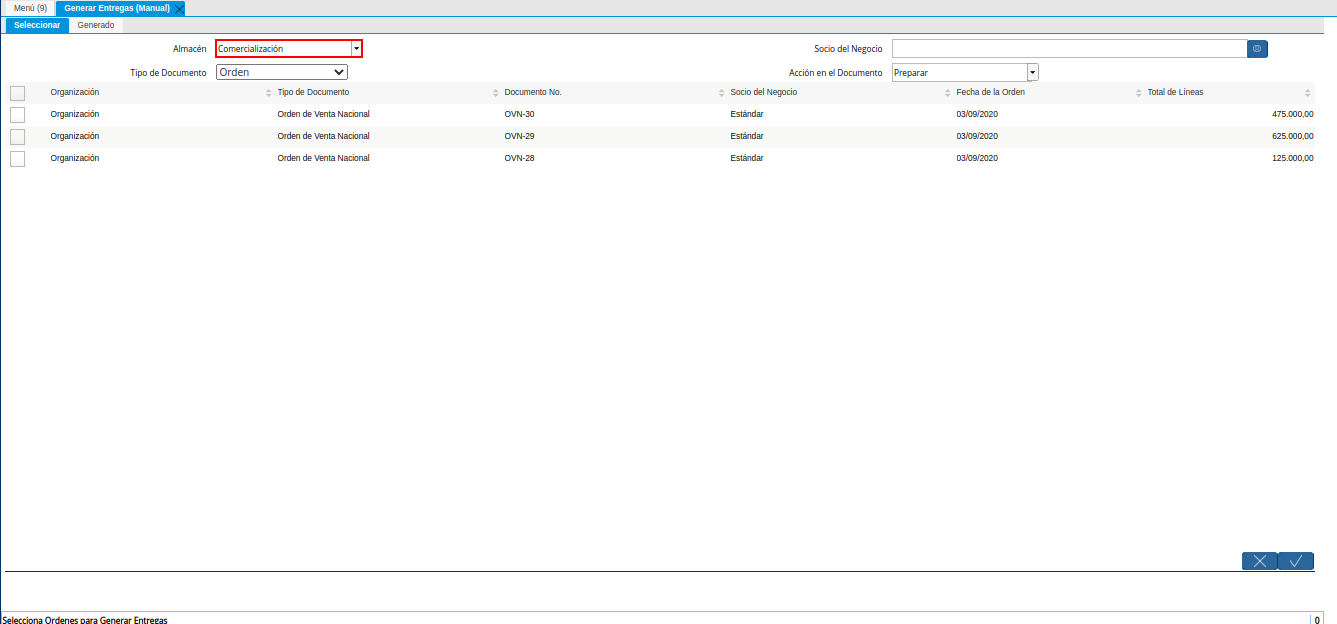 Campo Almacén de la Ventana Generar Entregas Manual