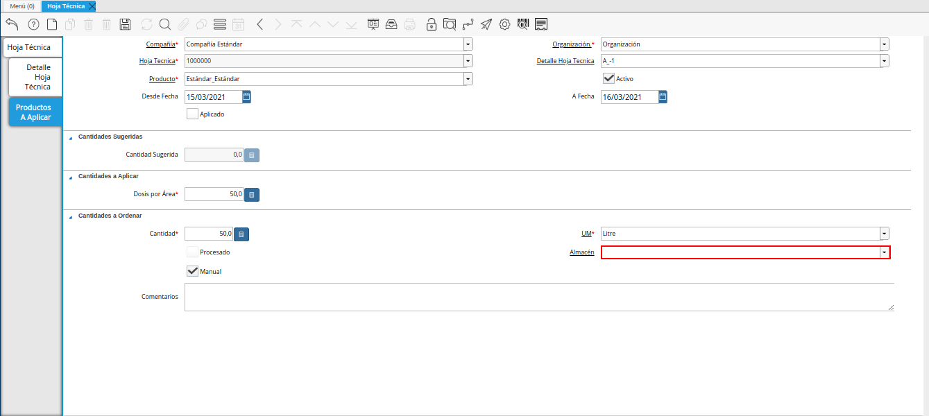 campo almacén de la pestaña productos a aplicar de la ventana hoja técnica